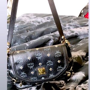 MCM Monogrammed Satchel Black Leather Bag